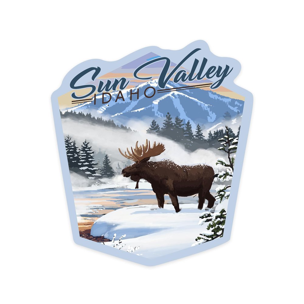 Die Cut Sticker Sun Valley, Idaho, Moose, Winter Scene, Vinyl Sticker, (Waterproof Decal for Cars, Water Bottles, Laptops, Coolers), Large