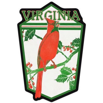 Lantern Press Sticker Virginia, Cardinal Perched on a Holly Branch, Die Cut Vinyl, (Waterproof Decal for Cars, Water Bottles, Laptops, Coolers), Small