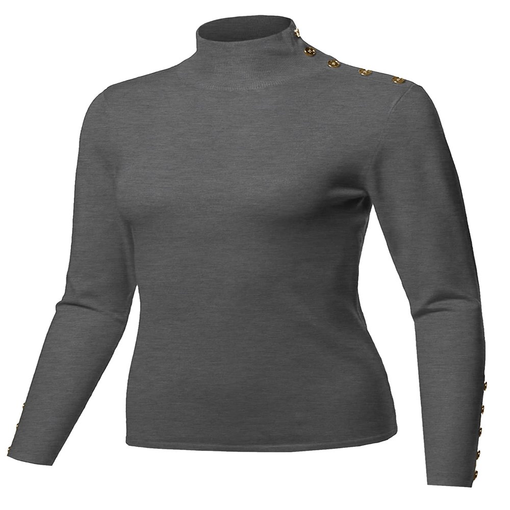 Made by Emma Fitted Gold Button Detail Soft Long Sleeve Mock Turtleneck Knit Sweater Hgrey XL