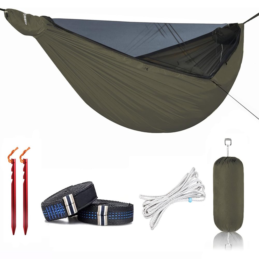 Onewind 11ft Camping Hammock with Mosquito Net and Structure Ridgeline, Lightweight Portable Hammock with 12ft Tree Straps Ideal for Outdoor Hiking Backpacking, OD Green