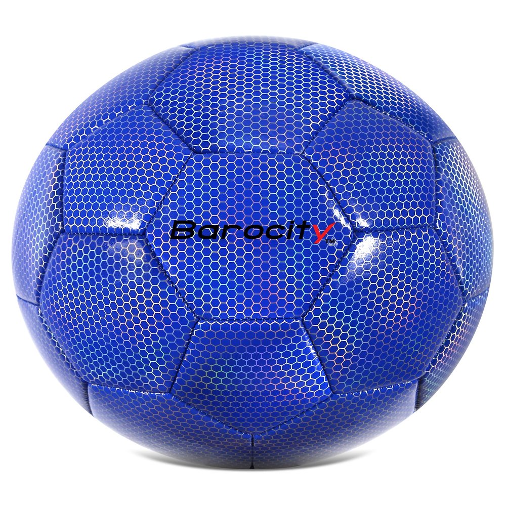 Barocity Soccer Ball - Boys and Girls Official Match Ball with Cool Reflective Rainbow Hex Pattern, for Indoor, Outdoor, Playtime and Games - Iridescent Blue Size 5