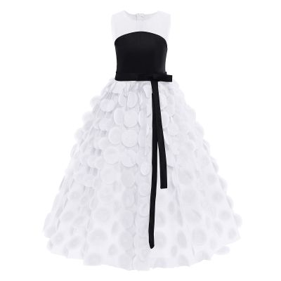 Girls Junior Bridesmaid Ball Gown Flower Girls Sleeveless Appliques Dress Mesh Patchwork Tulle Princess Wedding Party Full Length Gown Communion Pageant Prom Maxi Dresses White 6-7 Years