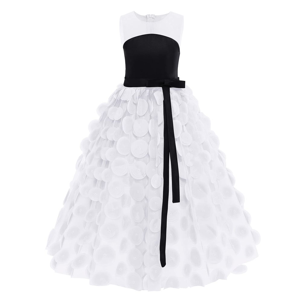 Girls Junior Bridesmaid Ball Gown Flower Girls Sleeveless Appliques Dress Mesh Patchwork Tulle Princess Wedding Party Full Length Gown Communion Pageant Prom Maxi Dresses White 6-7 Years