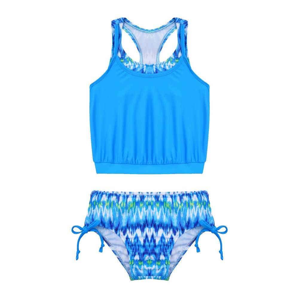 Yihuimin Big Girls Floral Splice Racer Tank Top with Tie Brief Athletic Tankini Surf Swimsuit Blue 10 Years