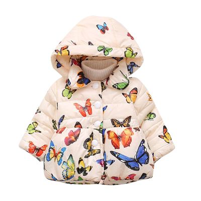 Ikevan 6M-3Y Winter Baby Girls Butterfly Print Thicken Keep Warm Hooded Jacket Coat Warm Little Kids Jacket Coat (Beige, 2-3 Years)