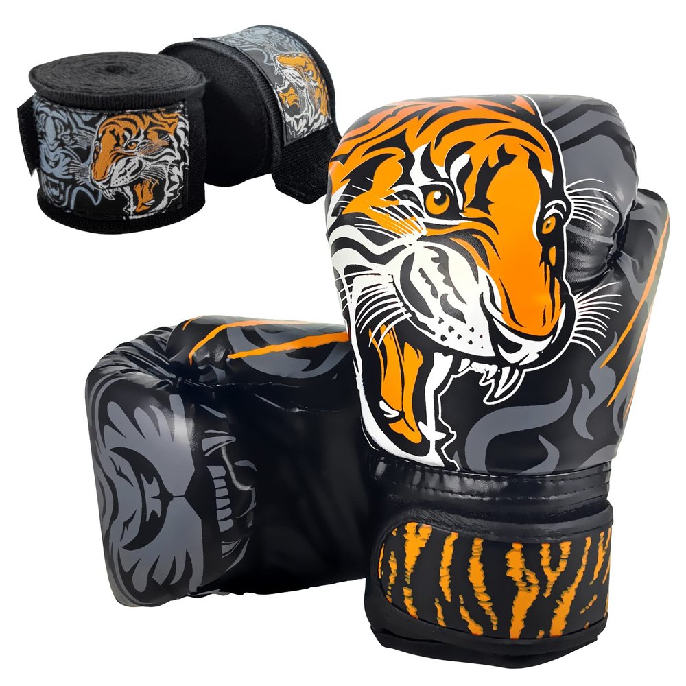 Boxing Gloves and Hand Wraps Set, 6 oz Weight Style for Speed Training, Heavy Bag, Kickboxing, Muay Thai Lightweight Tiger Print Mitts for Beginners & Cardio Workouts