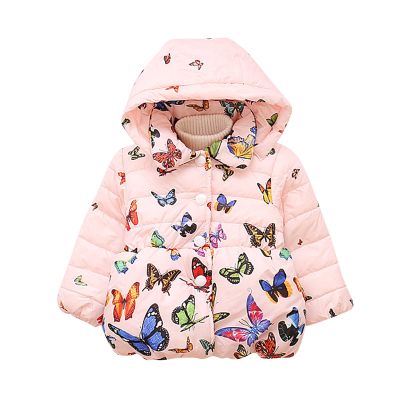 Ikevan 6M-3Y Winter Baby Girls Butterfly Print Thicken Keep Warm Hooded Jacket Coat Warm Little Kids Jacket Coat (Pink, 2-3 Years)