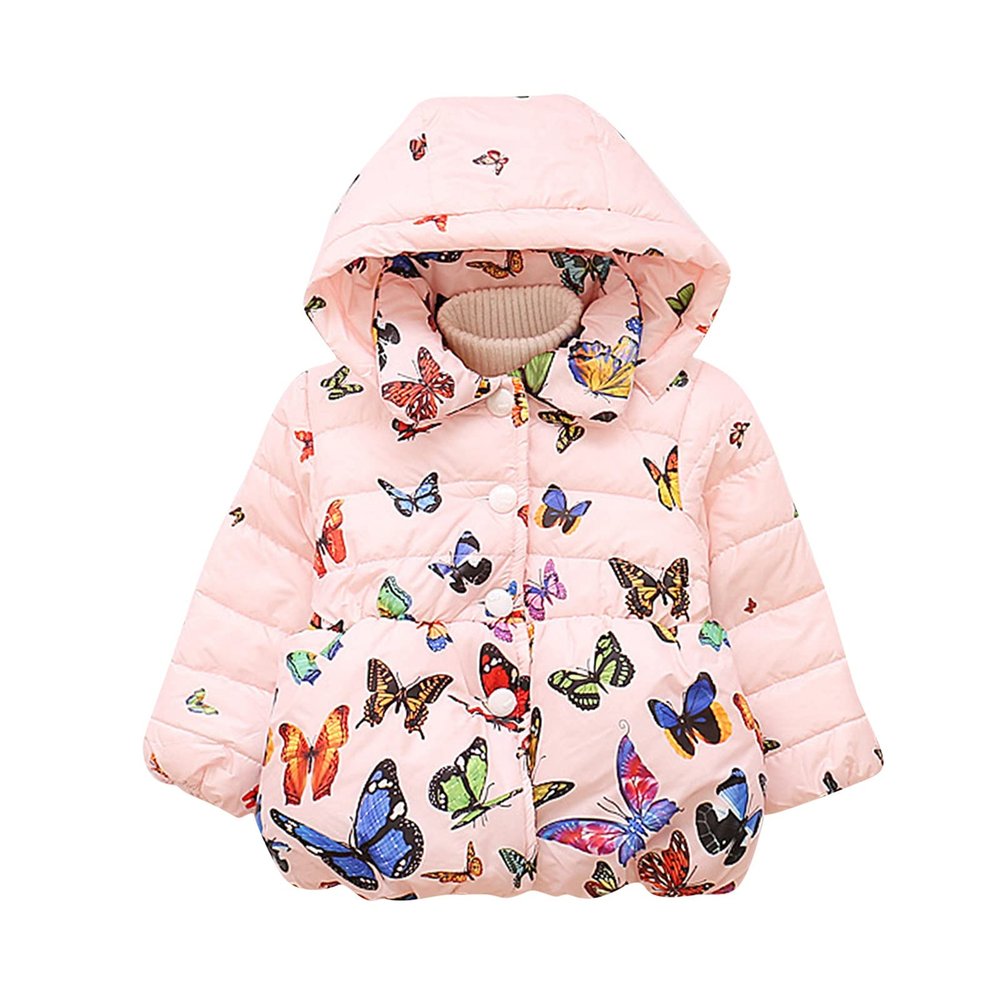 Ikevan 6M-3Y Winter Baby Girls Butterfly Print Thicken Keep Warm Hooded Jacket Coat Warm Little Kids Jacket Coat (Pink, 2-3 Years)