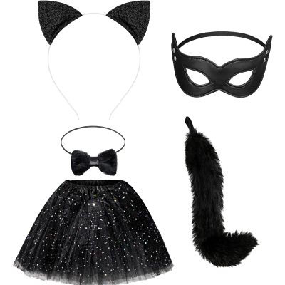 Chalyna 5 Pcs Black Cat Costume Set Long Fur Cats Tail Ears Black Star Tutu Skirt for Cosplay Halloween Costumes Women Party