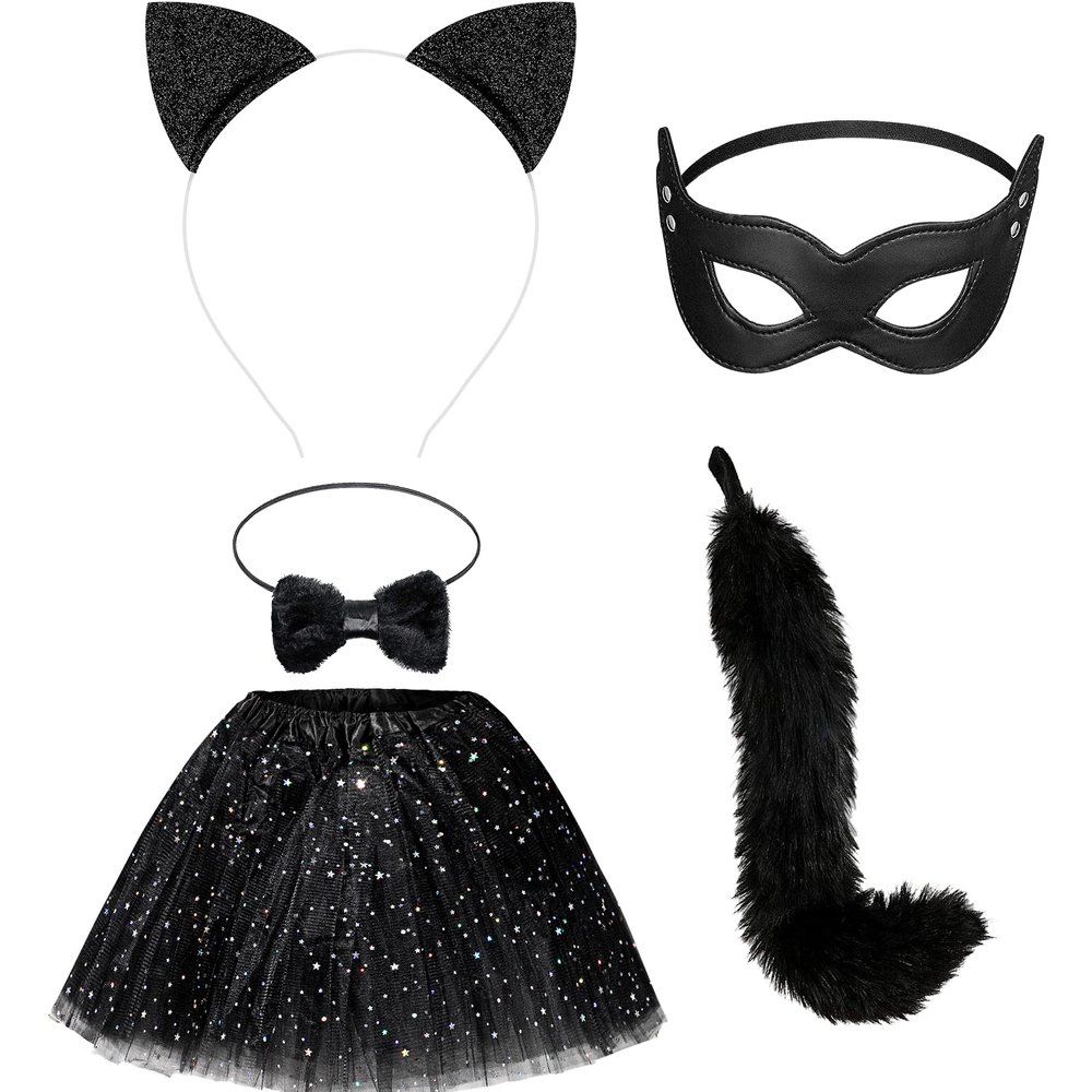 Chalyna 5 Pcs Black Cat Costume Set Long Fur Cats Tail Ears Black Star Tutu Skirt for Cosplay Halloween Costumes Women Party