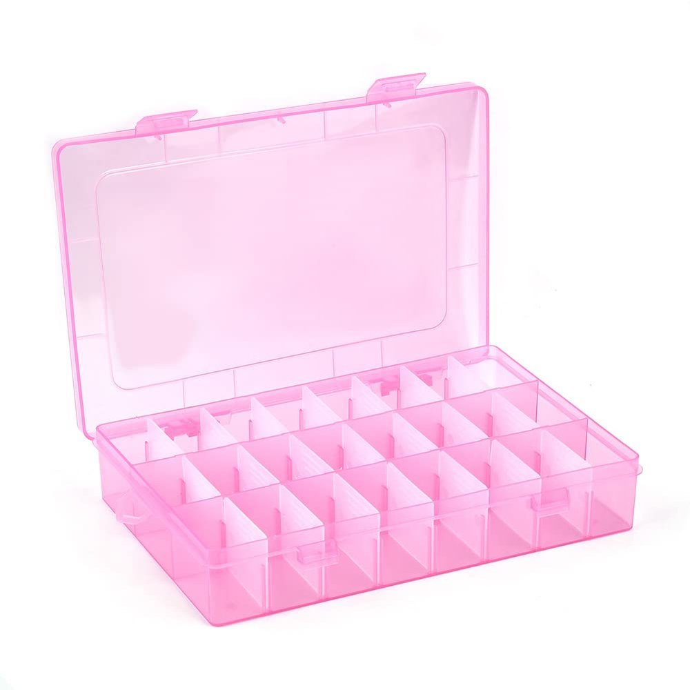 AKOAK 1 Pack 24 Grid Plastic Storage Case, Transparent Jewelry Display Organizer, Detachable Divider -7.5"x 5.1"x 1.4" for Beads, Jewelry, Earrings, Rings (Pink)