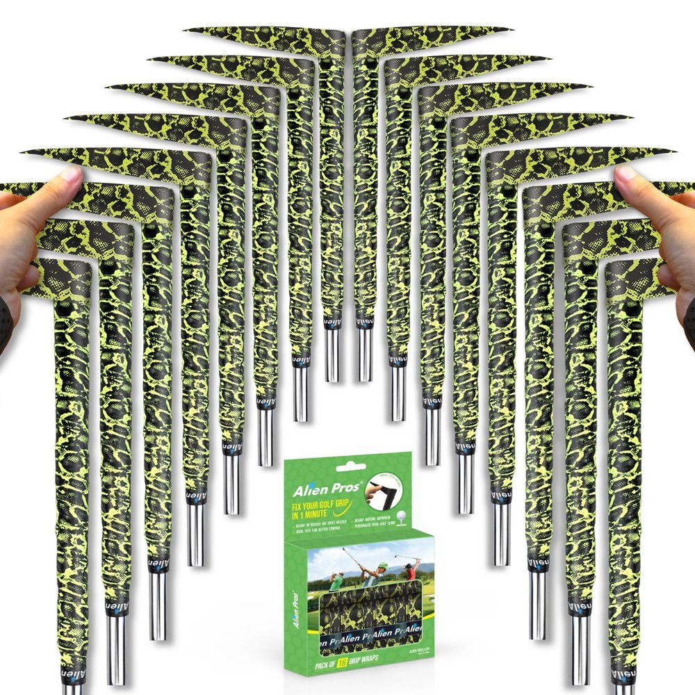 Alien Pros Golf Grip Wrapping Tapes (16-Pack) - Innovative Golf Club Grip Solution - Enjoy a Fresh New Grip Feel in Less Than 1 Minute (16-Pack, Yellow Lizard)