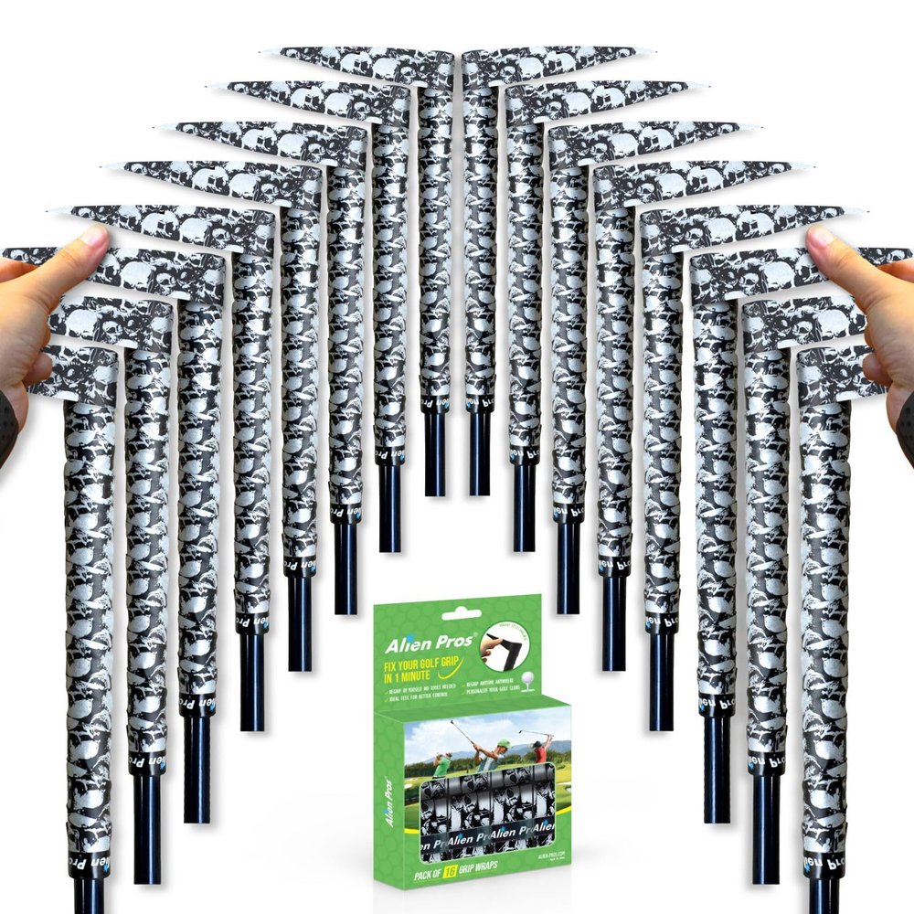 Alien Pros Golf Grip Wrapping Tapes (16-Pack) - Innovative Golf Club Grip Solution - Enjoy a Fresh New Grip Feel in Less Than 1 Minute (16-Pack, Skull Black)