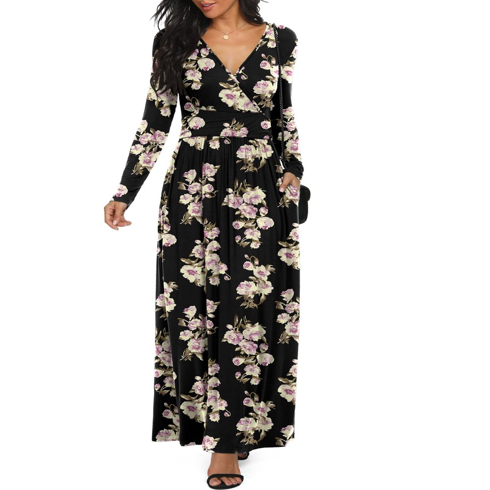 LILBETTER Women Long Sleeve Deep V Neck Loose Plain Long Maxi Casual Dress(Flower Black, XX-Large)