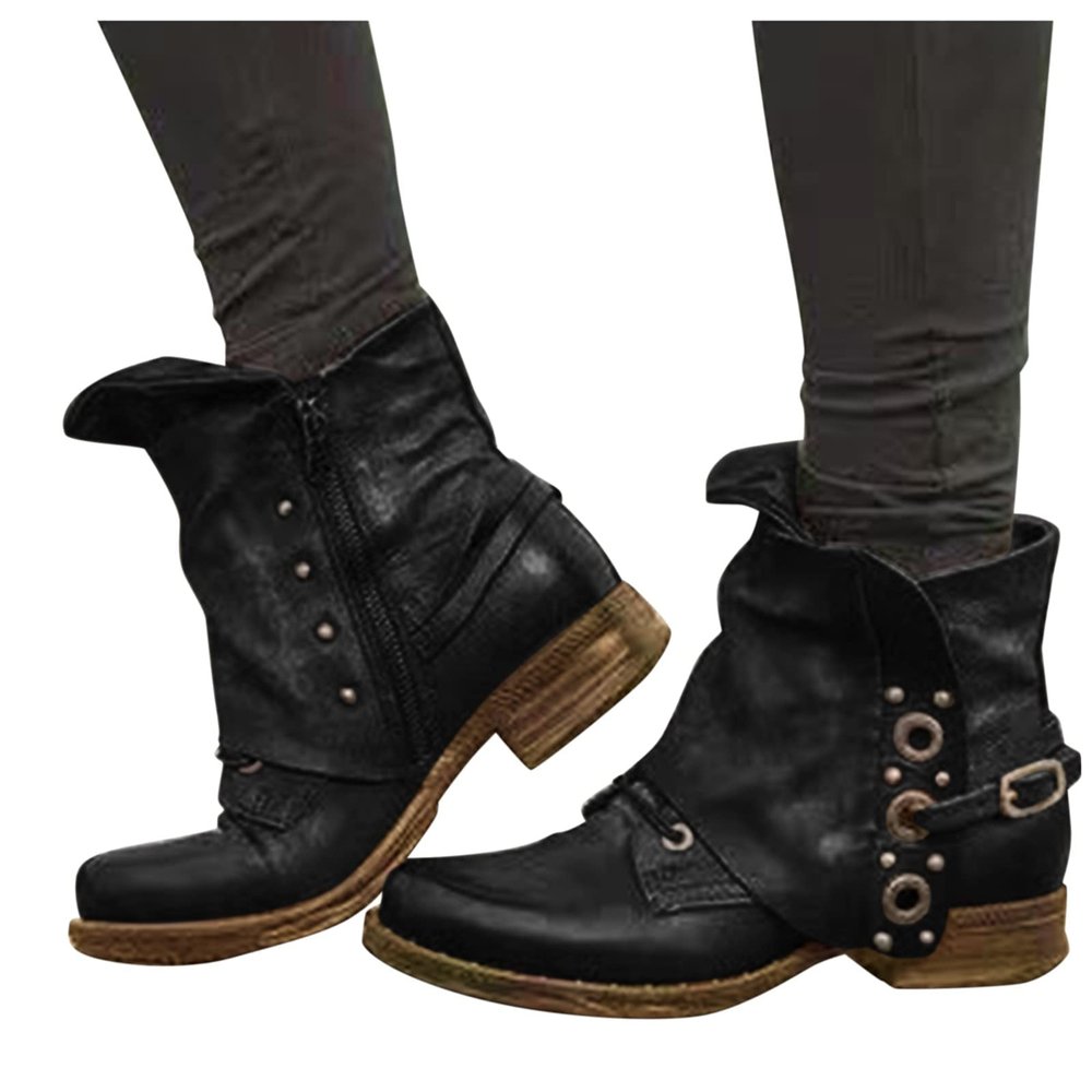 Bcshiye Ankle Boots for Women Low Heel,Fashion Slip-on Dressy Round Toe Combat Boots Comfort Western Chelsea Booties