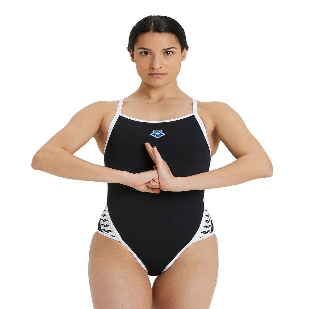 ARENA Women's Icons Solid Sports Swimsuit Super Fly Back Racing Training Competitive Swim Bathing Suit Athletic Swimwear, Black/White Logo, US Size 28