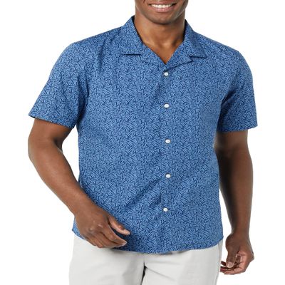 Amazon Essentials Men's Vacation Cotton Button-Down Short Sleeve Resort Shirt, Indigo Palm Leaf Print, Medium