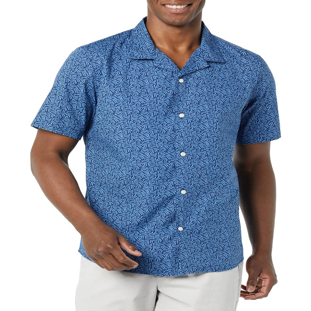 Amazon Essentials Men's Vacation Cotton Button-Down Short Sleeve Resort Shirt, Indigo Palm Leaf Print, Medium