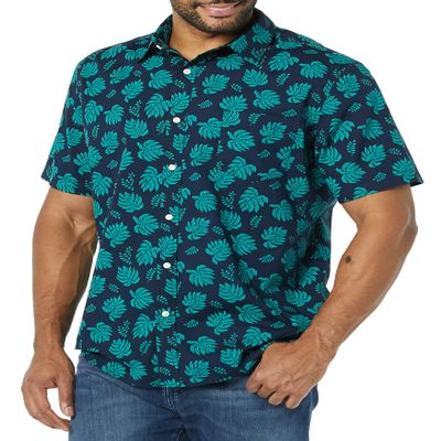 Amazon Essentials Short Sleeve Shirt for Men, Available in Big & Tall, Navy Leaf Print, X-Small