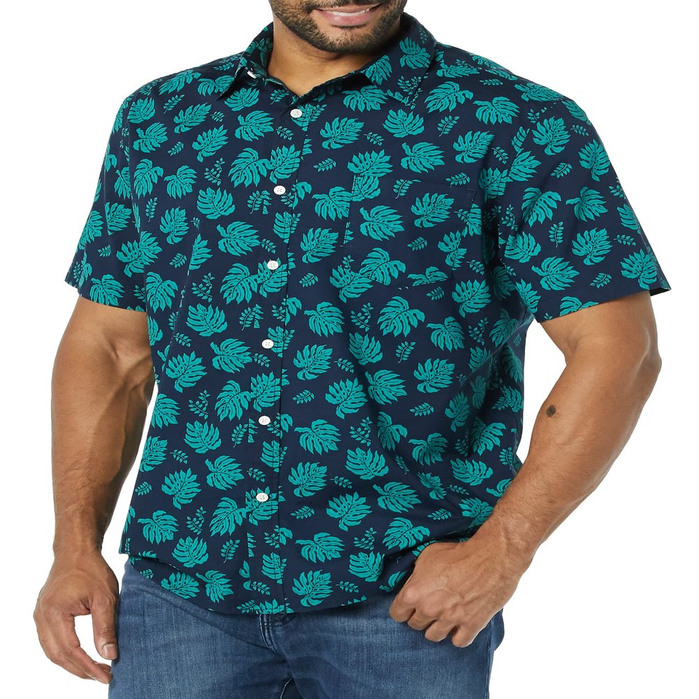 Amazon Essentials Short Sleeve Shirt for Men, Available in Big & Tall, Navy Leaf Print, X-Small