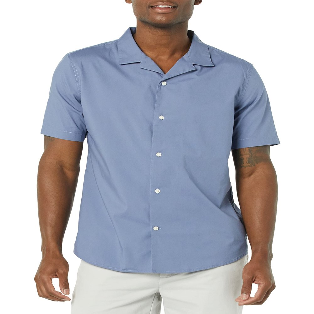 Amazon Essentials Men's Vacation Cotton Button-Down Resort Shirt, Short Sleeve, Washed Blue, X-Small