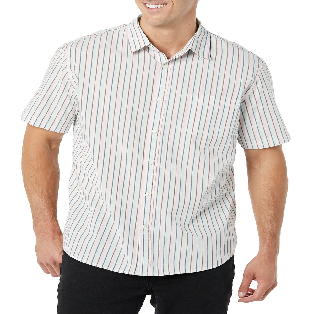 Amazon Essentials Short Sleeve Shirt for Men, Available in Big & Tall, Pink Teal Blue Stripe, X-Small