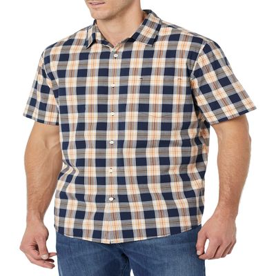 Amazon Essentials Short Sleeve Shirt for Men, Available in Big & Tall, Navy Peach Plaid, X-Small