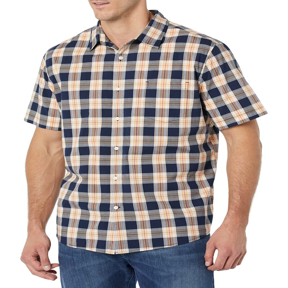 Amazon Essentials Short Sleeve Shirt for Men, Available in Big & Tall, Navy Peach Plaid, X-Small