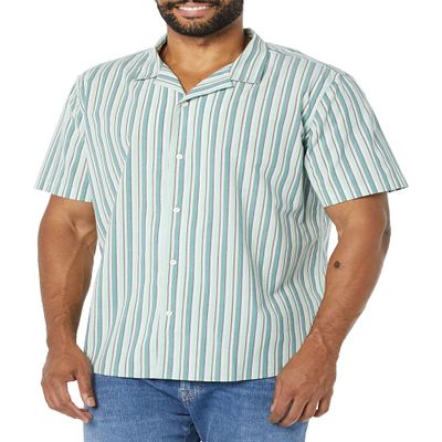 Amazon Essentials Men's Vacation Cotton Button-Down Short Sleeve Resort Shirt, Light Blue Stripe, X-Large