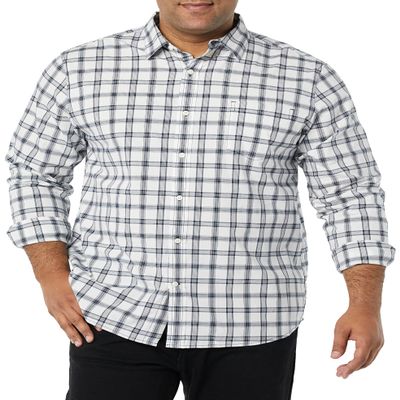 Amazon Essentials Men's Long-Sleeve Regular-Fit Stretch Poplin Shirt, Navy White Plaid, Small