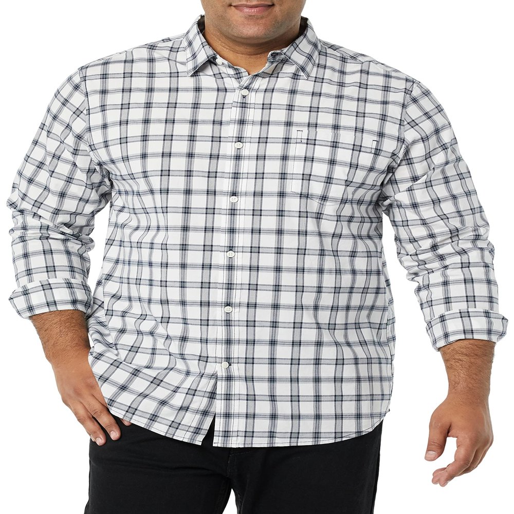 Amazon Essentials Men's Long-Sleeve Regular-Fit Stretch Poplin Shirt, Navy White Plaid, Small