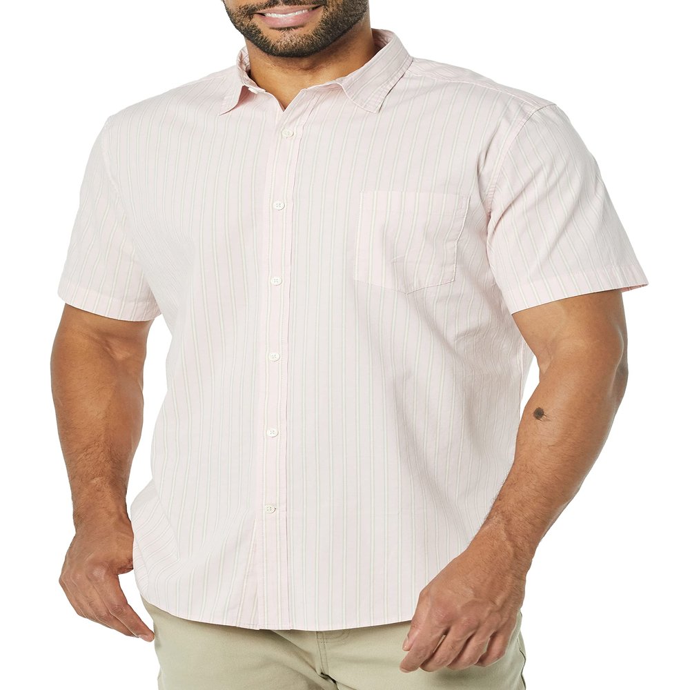 Amazon Essentials Short Sleeve Shirt for Men, Available in Big & Tall, Pink White Double Stripe, Medium