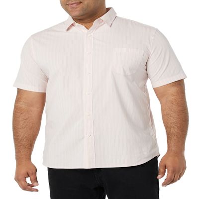 Amazon Essentials Men's Slim-Fit Short-Sleeve Poplin Shirt, Pink Double Stripe, X-Large