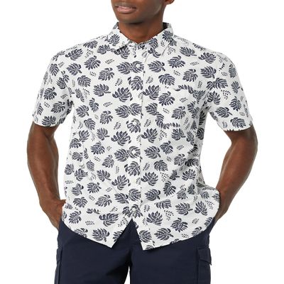 Amazon Essentials Short Sleeve Shirt for Men, Available in Big & Tall, Navy White Palm Leaf, Small