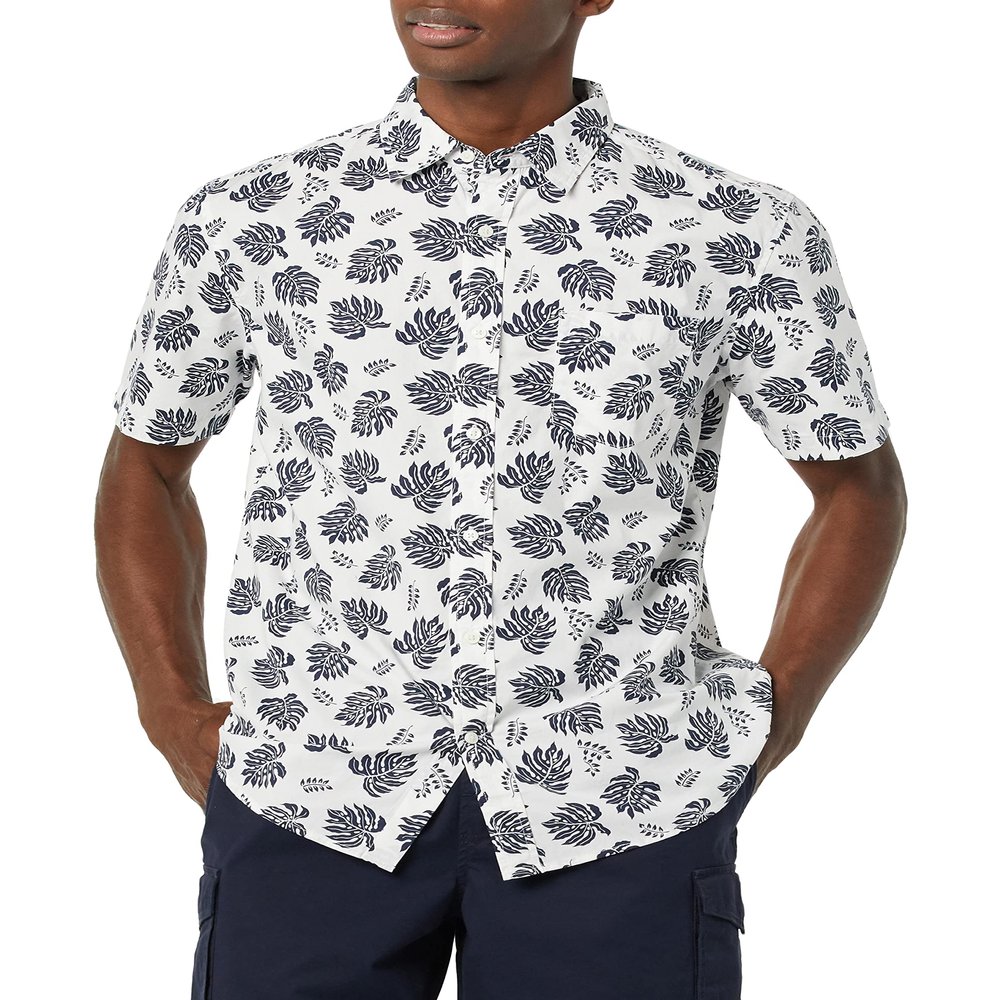 Amazon Essentials Short Sleeve Shirt for Men, Available in Big & Tall, Navy White Palm Leaf, Small