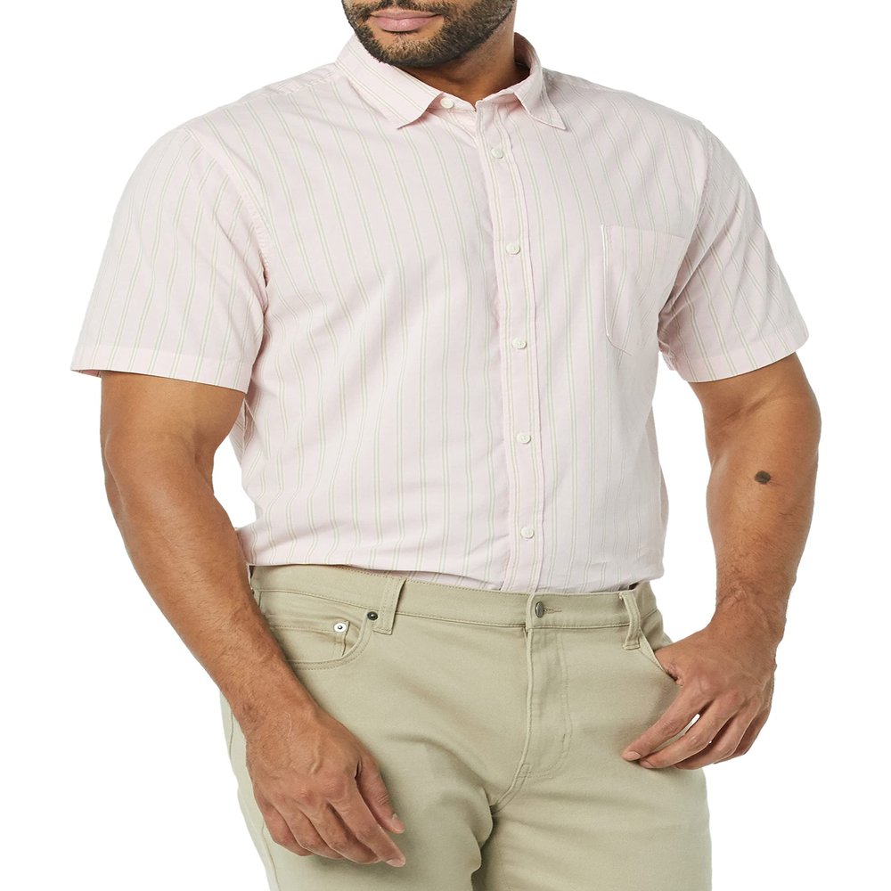 Amazon Essentials Men's Slim-Fit Short-Sleeve Poplin Shirt, Beige Pink Double Stripe, Large