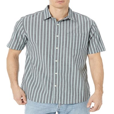 Amazon Essentials Short Sleeve Shirt for Men, Available in Big & Tall, Charcoal Heather Sage Green Double Stripe, Small