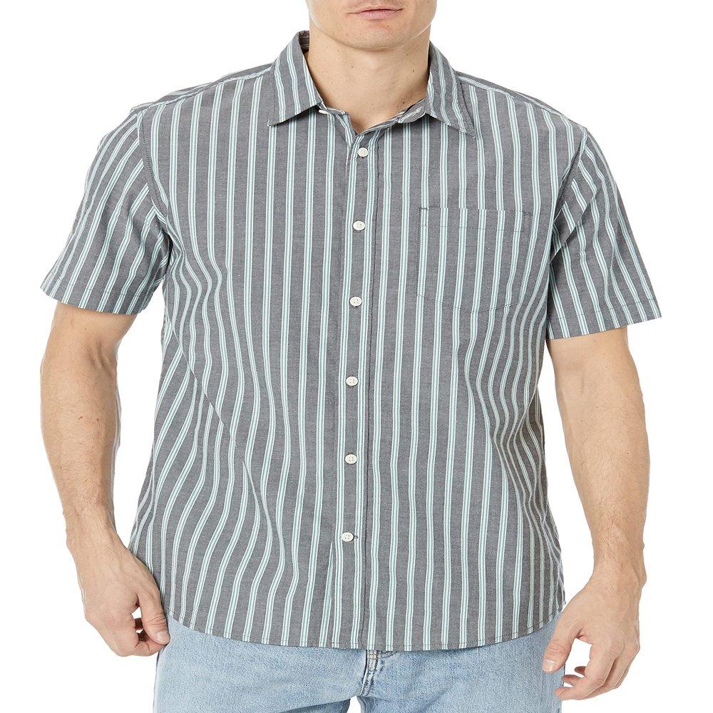 Amazon Essentials Short Sleeve Shirt for Men, Available in Big & Tall, Charcoal Heather Sage Green Double Stripe, Small