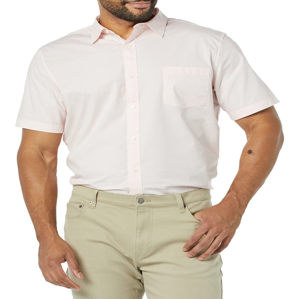 Amazon Essentials Men's Slim-Fit Short-Sleeve Poplin Shirt, Pink, Medium
