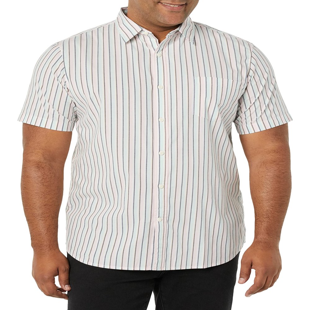 Amazon Essentials Men's Slim-Fit Short-Sleeve Poplin Shirt, Pink Teal Blue Stripe, X-Large