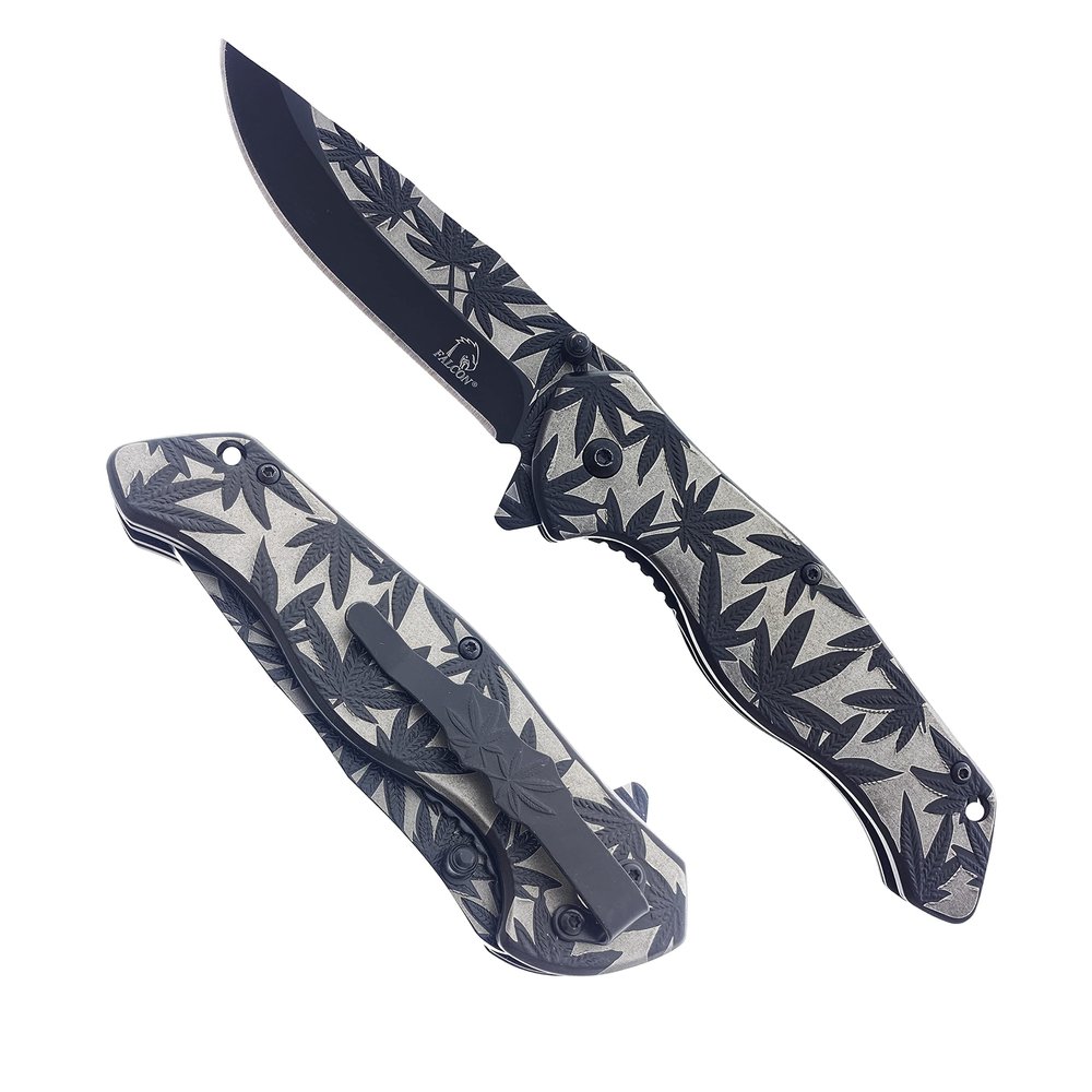 Falcon 8 Inch Leaf Engraved Folding Pocket Knife 440 Stainless Steel Blade, Manual opening Open, Glossy Black Handle with Pocket Clip (Black)