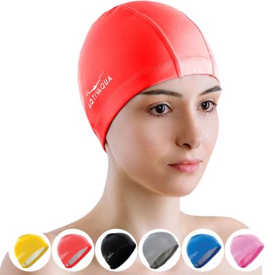 AqtivAqua Swimming Caps for Women Swim Cap Men Adult Kids Girls Boys Youth Hat (Red Color, Adult Size)