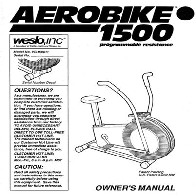 Owner Manual 106028 Works W Weslo Aero 1500 - Wl150011 Stationary Bike
