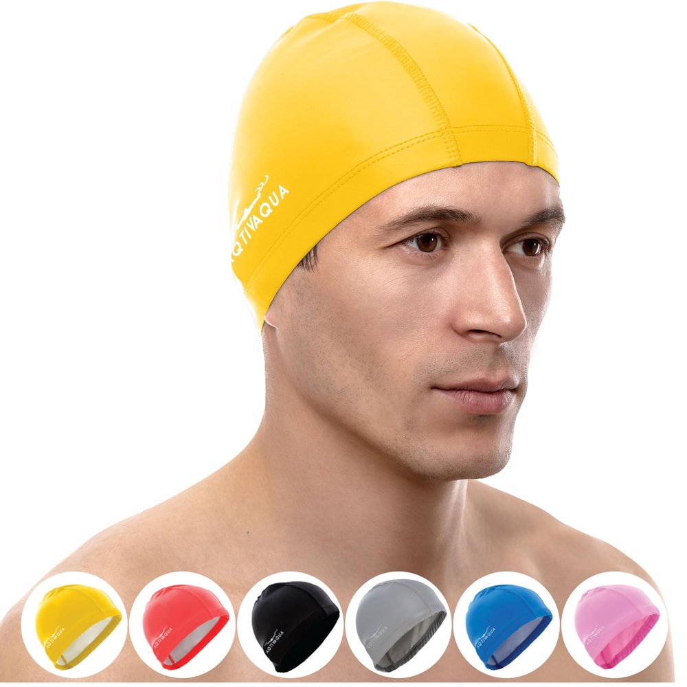 AqtivAqua Swim Cap Swimming Caps for Women Men Adult Kids Girls Boys Youth Hat (Yellow Color, Adult Size)
