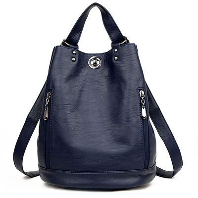 Backpack PU leather Shoulder Bag Adjustable Shoulder Strap Backpack Large-capacity Fashion Female Backpack-Blue
