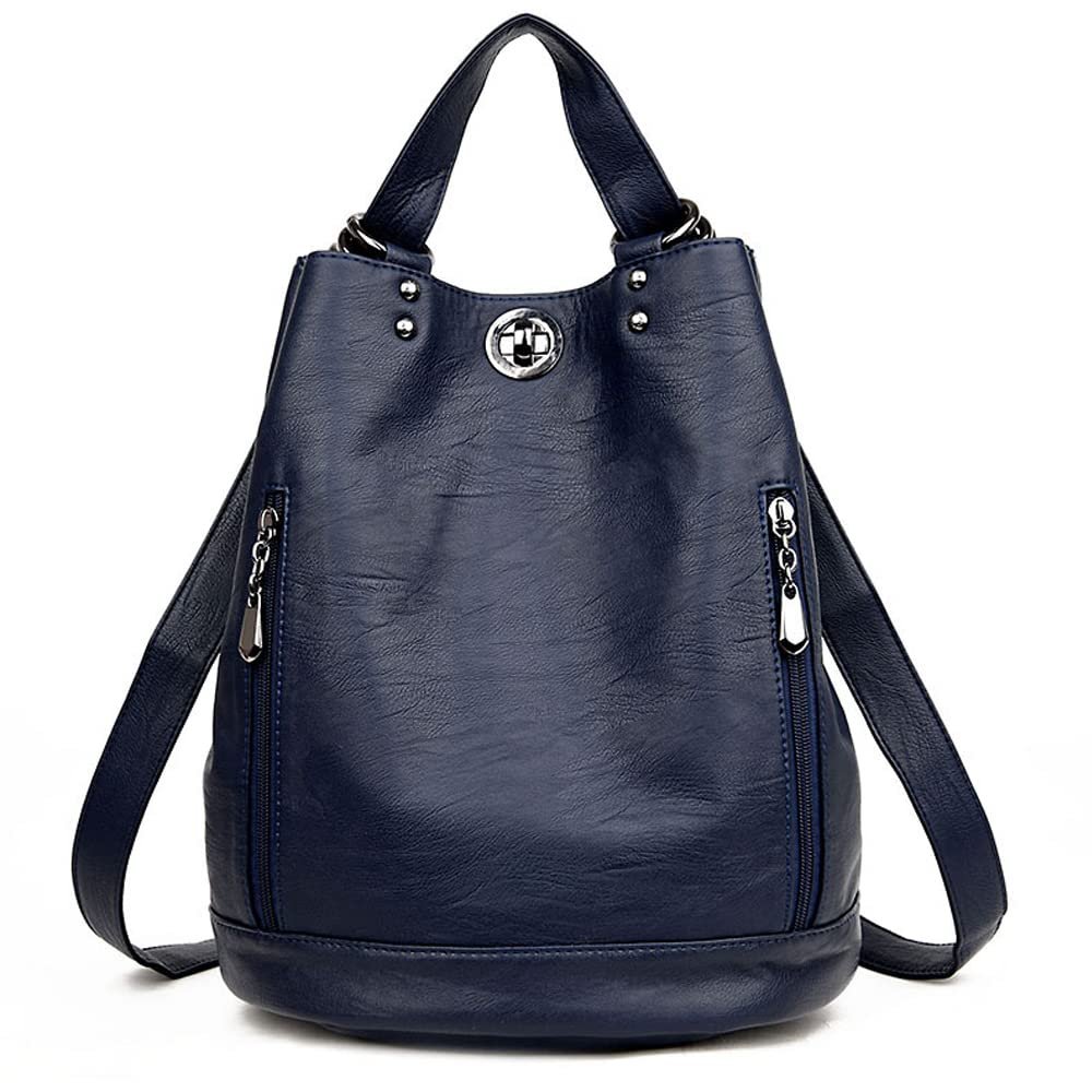 Backpack PU leather Shoulder Bag Adjustable Shoulder Strap Backpack Large-capacity Fashion Female Backpack-Blue