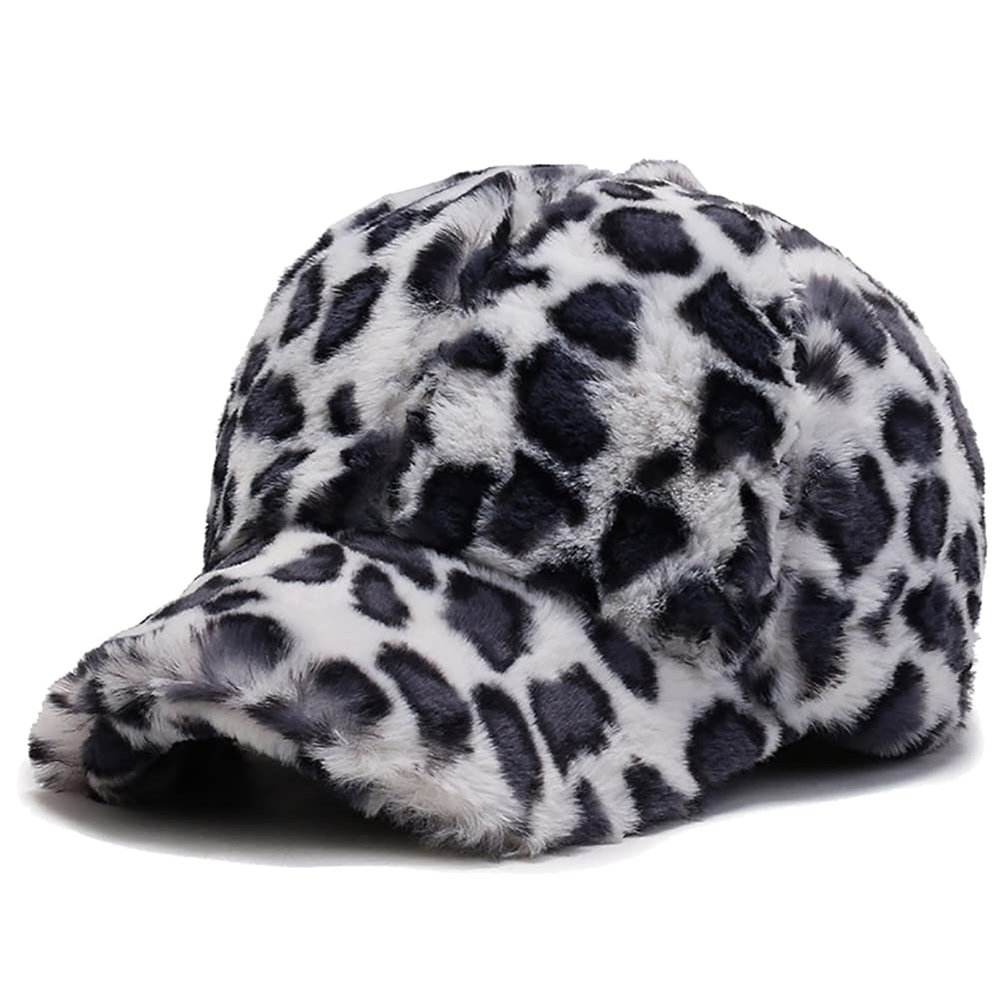 KEKY Women Men's Faux Fur Leopard Pattern Print Hat Ladies Winter Fleece Warm Baseball Cap Hats for Girls Headwear (Grey Dots)