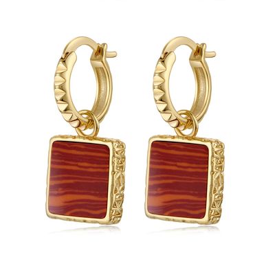 18K Gold Plated Red Square Stone Huggie Hoop Earrings for Women - Chunky Geometric Dangle Earrings Jewelry Gift for Birthday Christmas