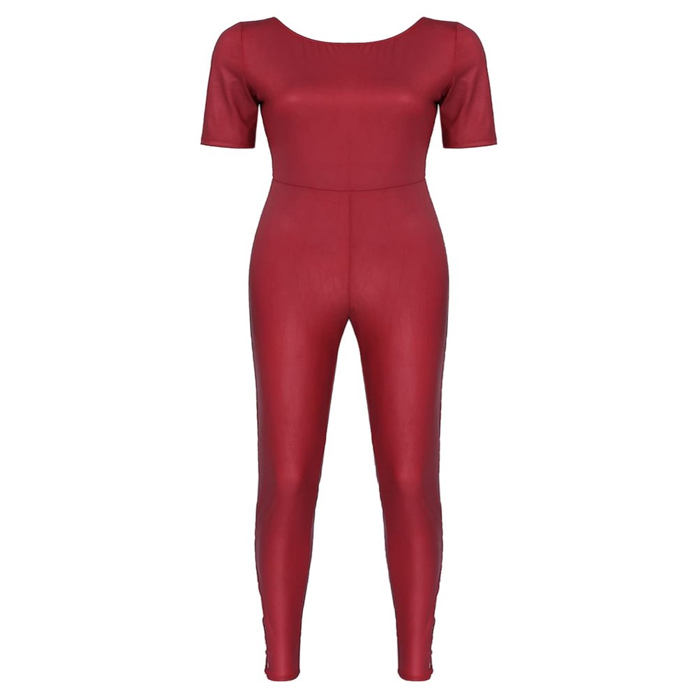 ACSUSS Women Shiny Metallic Unitard Short Sleeve Footless Zentai Suit Ballet Leotards Dancewear Burgundy X-Large