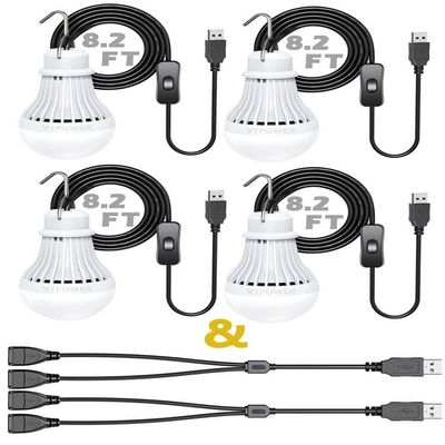 VTpower 4 Pack Portable LED Bulb, 5W USB LED Camping Light for Garage Warehouse Car Truck Fishing Boat Outdoor Emergency Light Children Bed Room, 2.5m/8.2ft Extension Cord